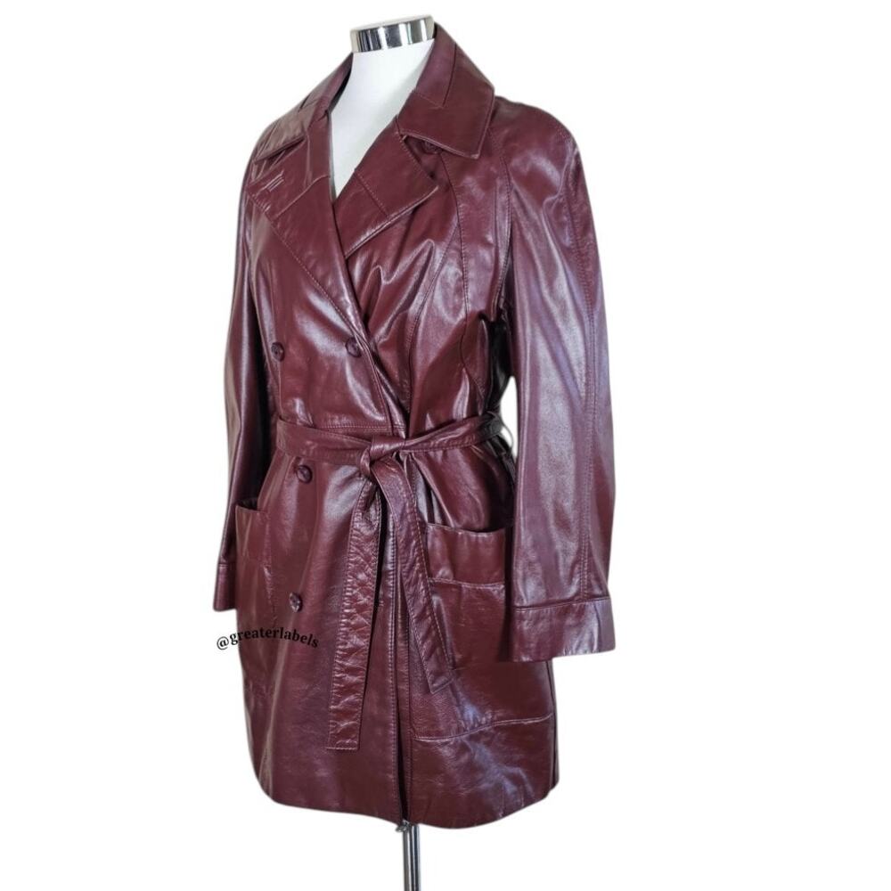 Etienne Aigner Vintage 70s Burgundy Leather Belted Trench Coat SIZE 14 Rare - Picture 5 of 11